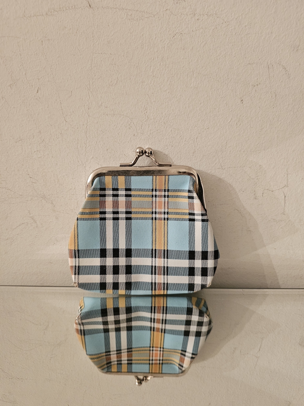 Plaid Kiss-Lock Coin Purse in Light Blue and Yellow